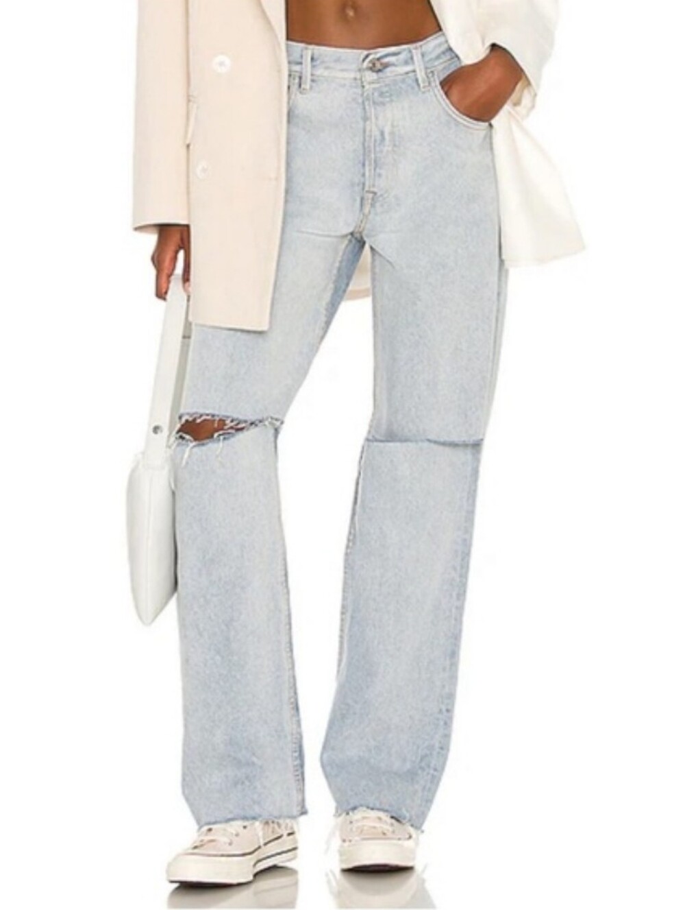 GRLFRND Light Blue Distressed Knee Raw Hem Button Fly Bella Jeans 27 Echo Park